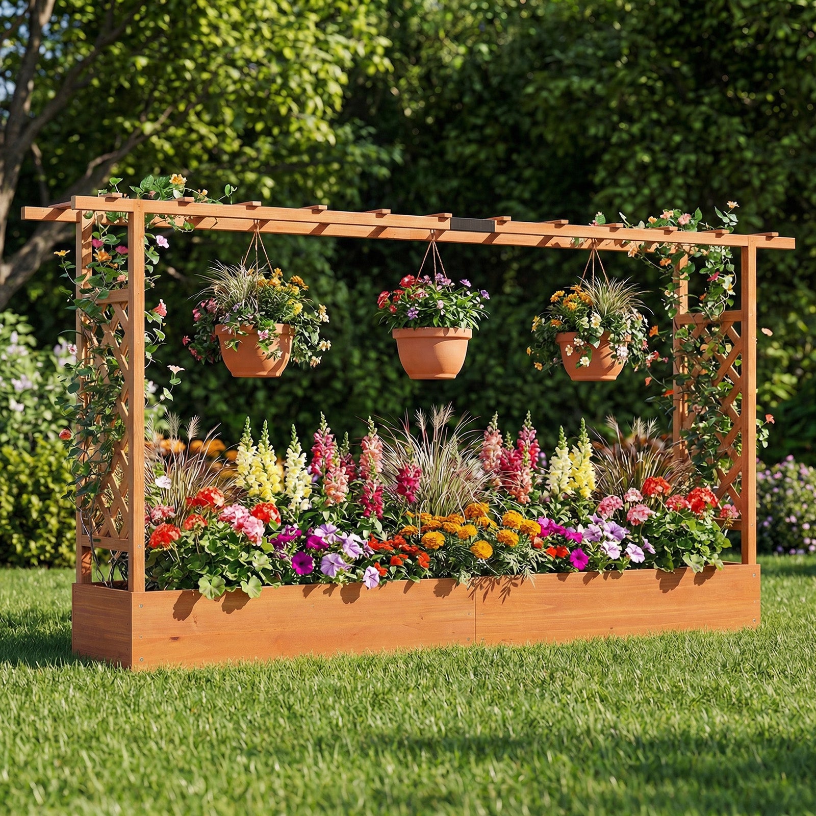 Jardinière surélevée en bois de 114 cm avec treillis latéral et toit suspendu, trous de drainage - Orange