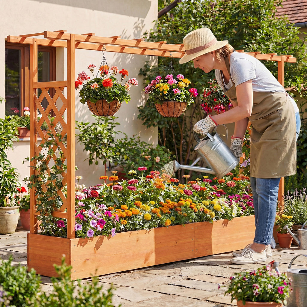Jardinière surélevée en bois de 114 cm avec treillis latéral et toit suspendu, trous de drainage - Orange