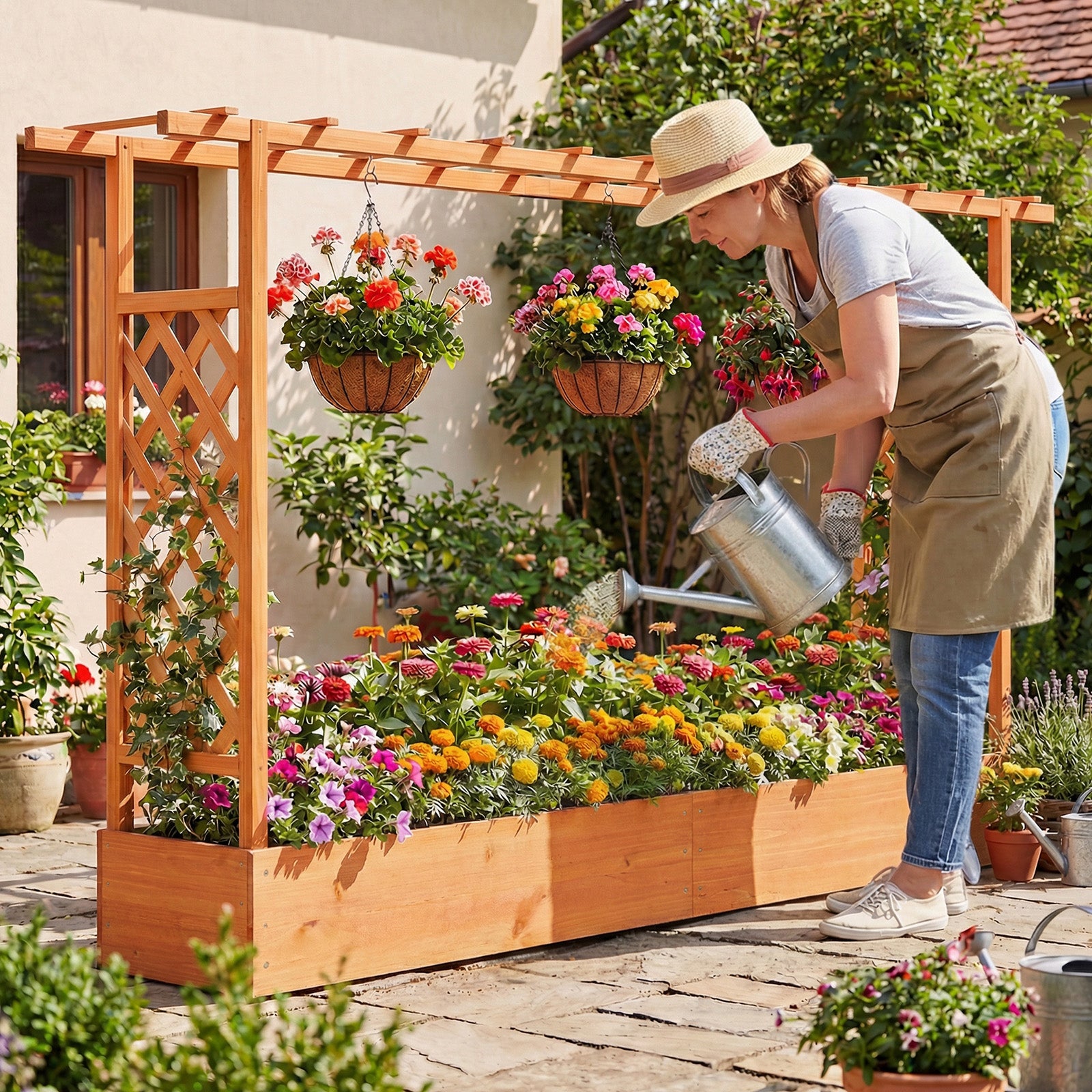 Jardinière surélevée en bois de 114 cm avec treillis latéral et toit suspendu, trous de drainage - Orange