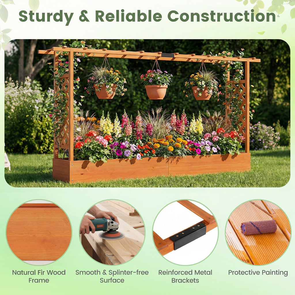 Jardinière surélevée en bois de 114 cm avec treillis latéral et toit suspendu, trous de drainage - Orange