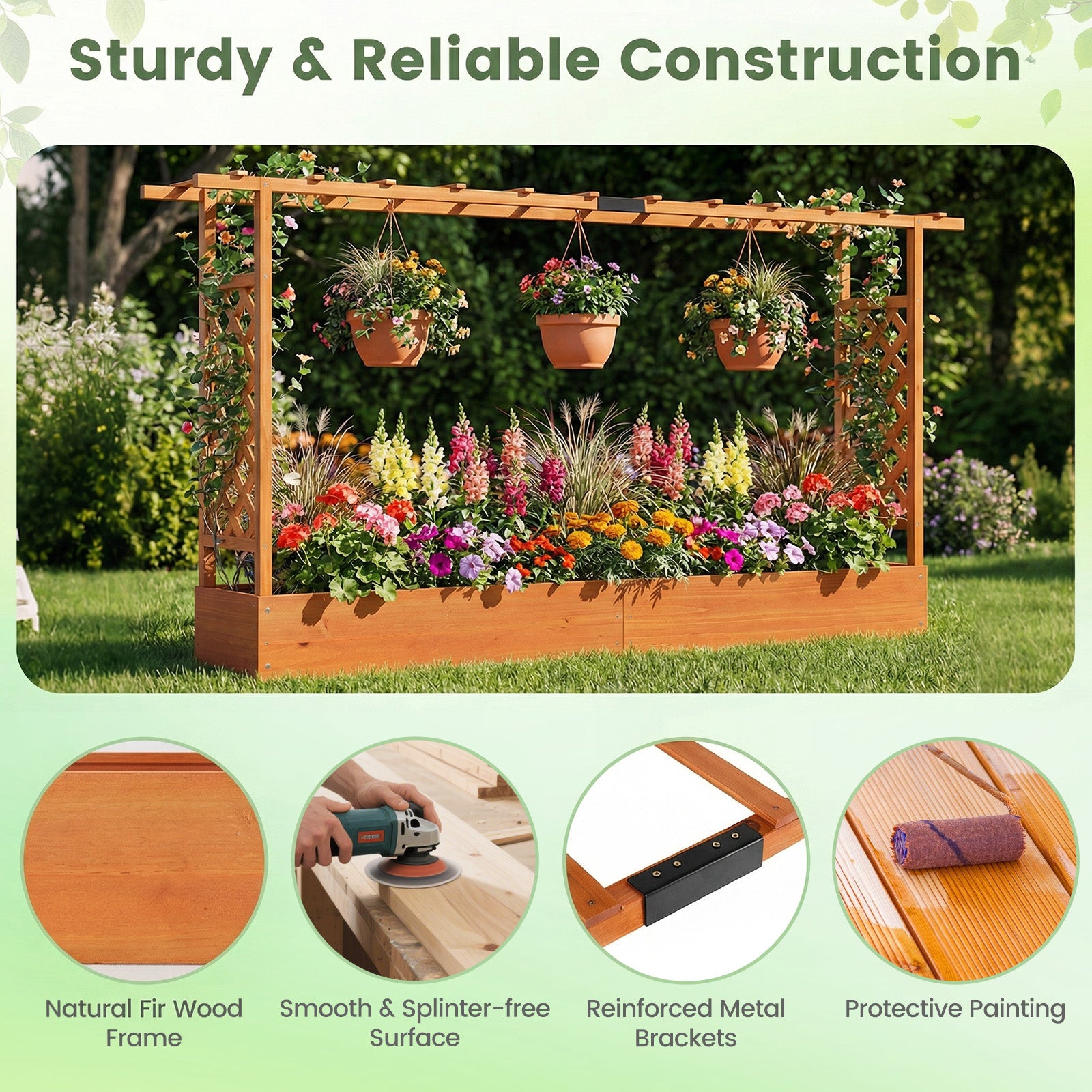 Jardinière surélevée en bois de 114 cm avec treillis latéral et toit suspendu, trous de drainage - Orange