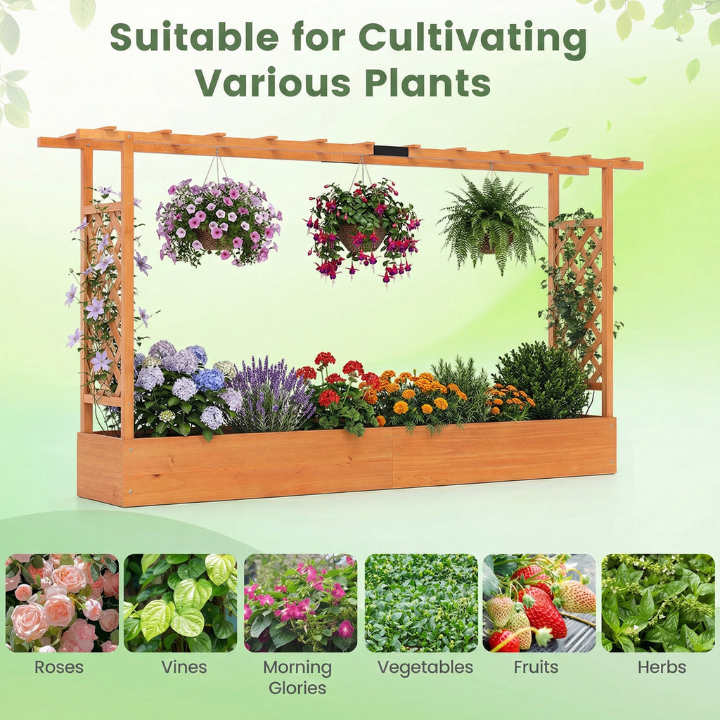 Jardinière surélevée en bois de 114 cm avec treillis latéral et toit suspendu, trous de drainage - Orange