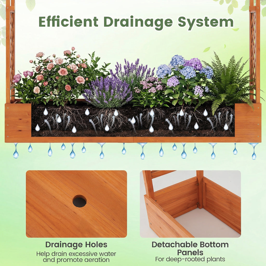 Jardinière surélevée en bois de 114 cm avec treillis latéral et toit suspendu, trous de drainage - Orange