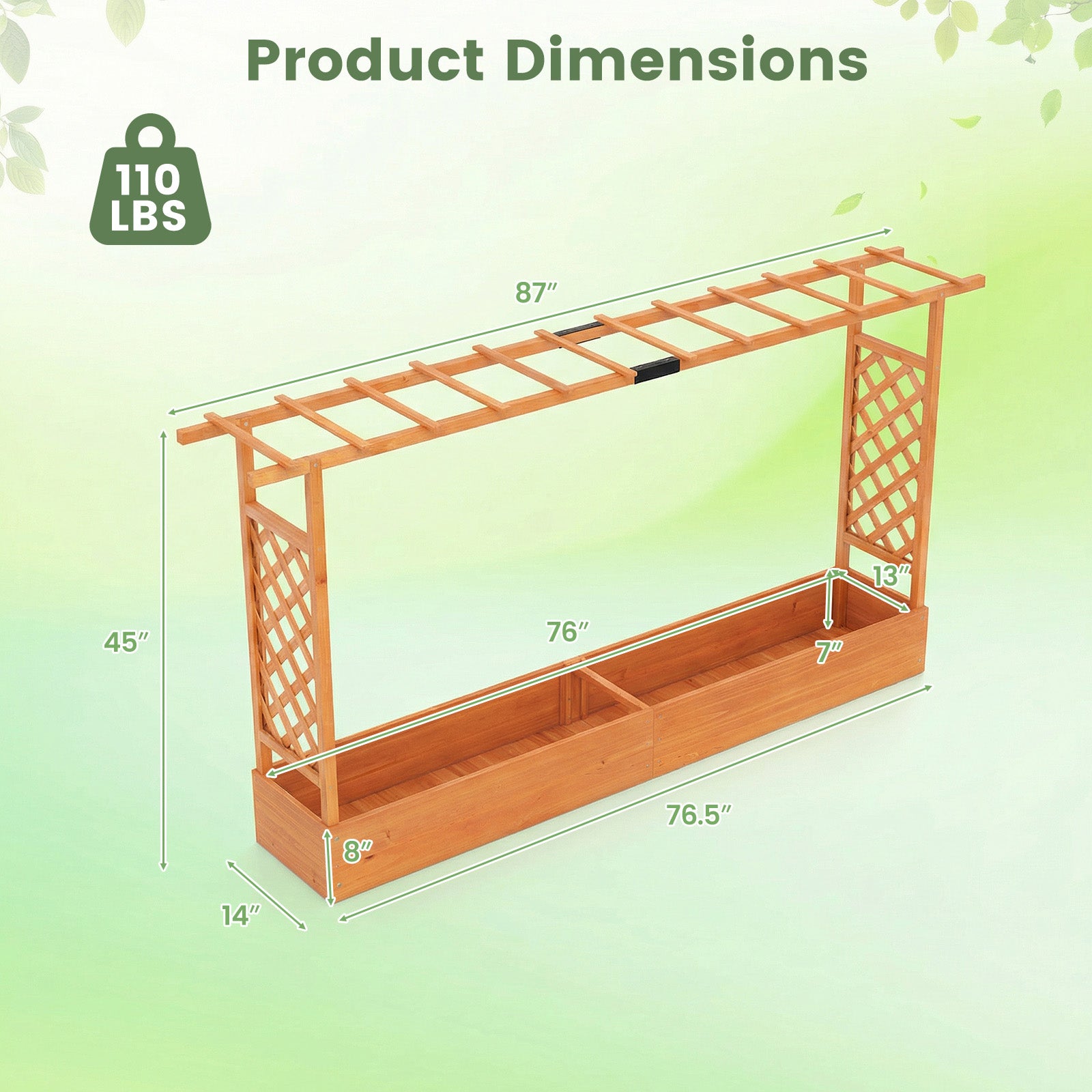 Jardinière surélevée en bois de 114 cm avec treillis latéral et toit suspendu, trous de drainage - Orange