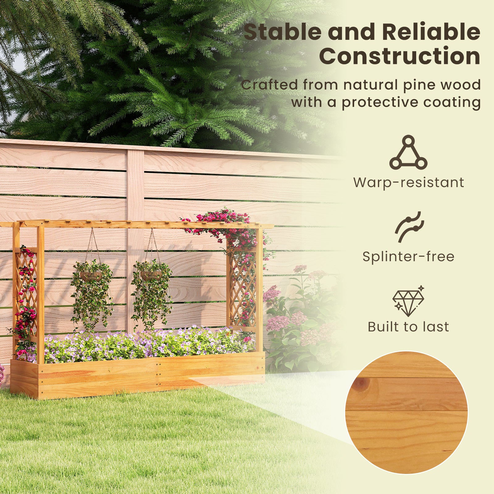 45 Inch Wooden Raised Garden Bed with Lattice Trellis for Outdoor-Natural