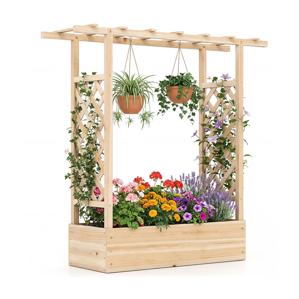 Lit de jardin surélevé en bois de 45 pouces avec treillis latéral et toit suspendu - Naturel