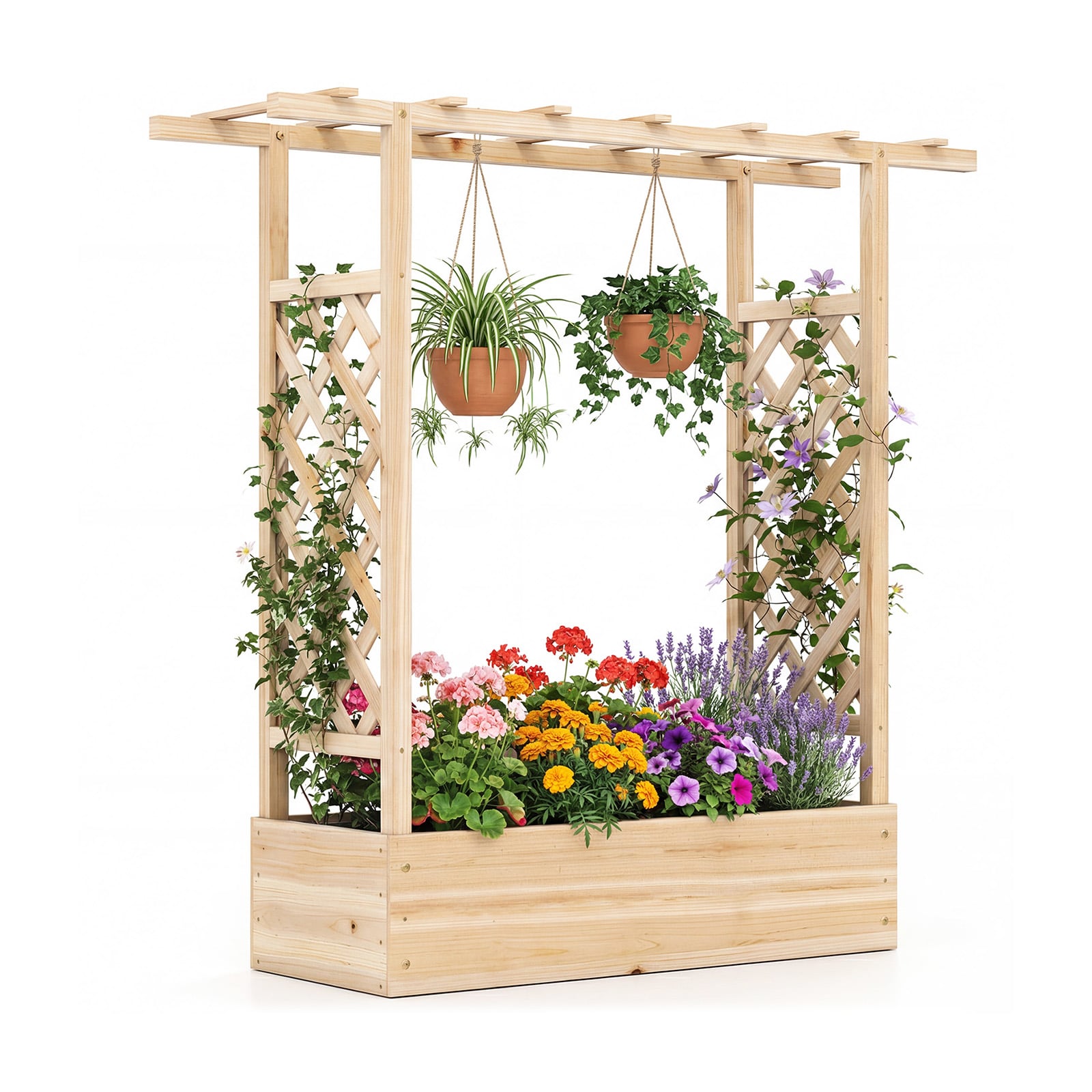 Lit de jardin surélevé en bois de 45 pouces avec treillis latéral et toit suspendu - Naturel