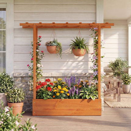 45 inch Tall Wooden Raised Garden Bed with Side Trellis and Hanging Roof-Orange