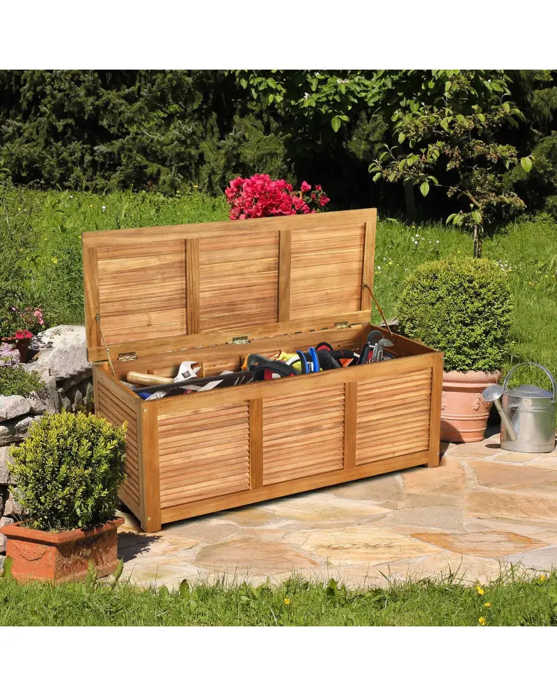 46 Gallon Acacia Wood Storage Bench Box for Patio Garden Deck - Natural - Sheds & Outdoor Storage