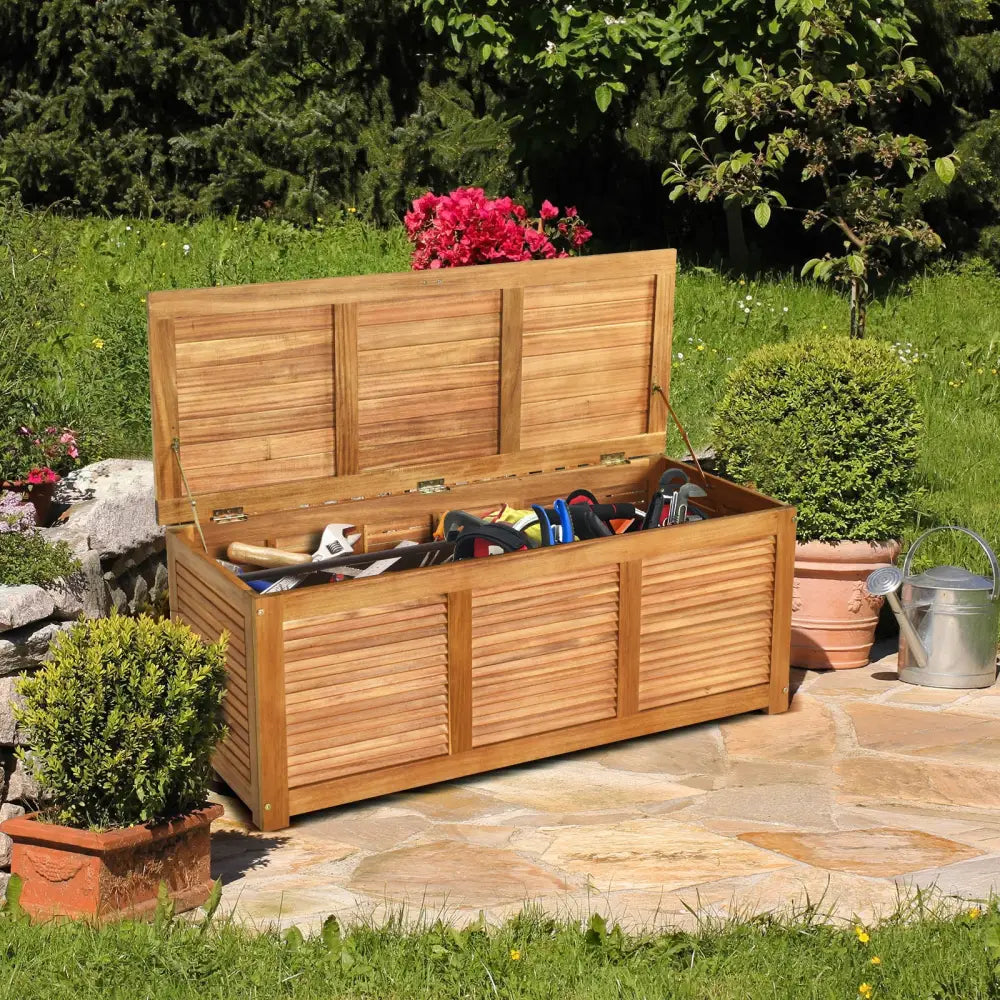 46 Gallon Acacia Wood Storage Bench Box for Patio Garden Deck - Natural - Sheds & Outdoor Storage