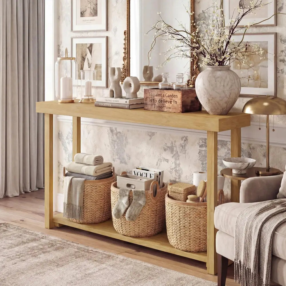 46 Inch Solid Wood Console Table 2-Tier Narrow Farmhouse Sofa Table - Console Tables