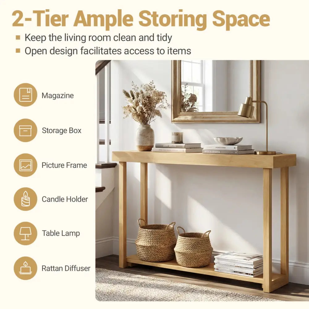 46 Inch Solid Wood Console Table 2-Tier Narrow Farmhouse Sofa Table - Console Tables