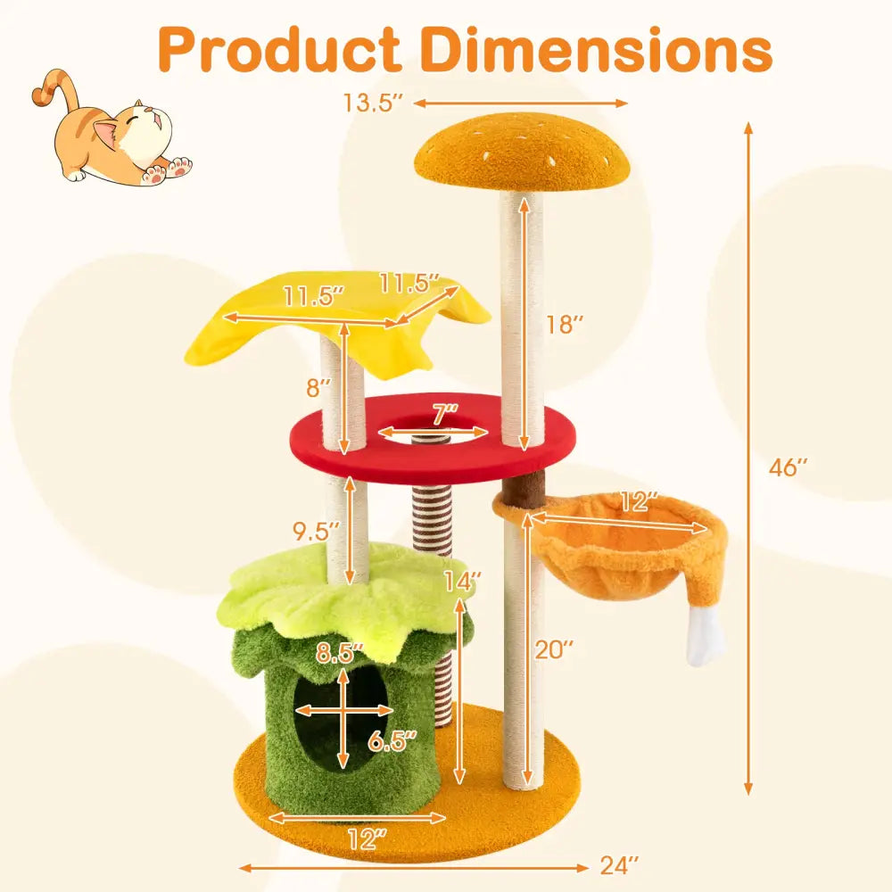 46 Inch Tall Cat Tree Multi-Level with Padded Perch and Hanging Basket Bed-Yellow - Yellow - Cat Trees Condos &