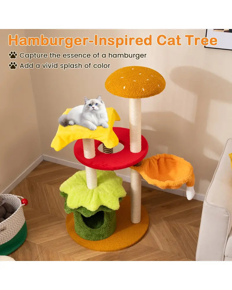 46 Inch Tall Cat Tree Multi-Level with Padded Perch and Hanging Basket Bed-Yellow - Yellow - Cat Trees Condos &