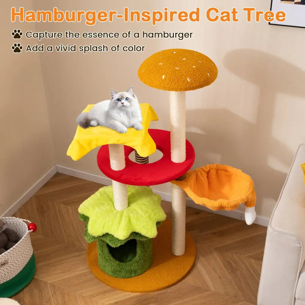 46 Inch Tall Cat Tree Multi-Level with Padded Perch and Hanging Basket Bed-Yellow - Yellow - Cat Trees Condos &