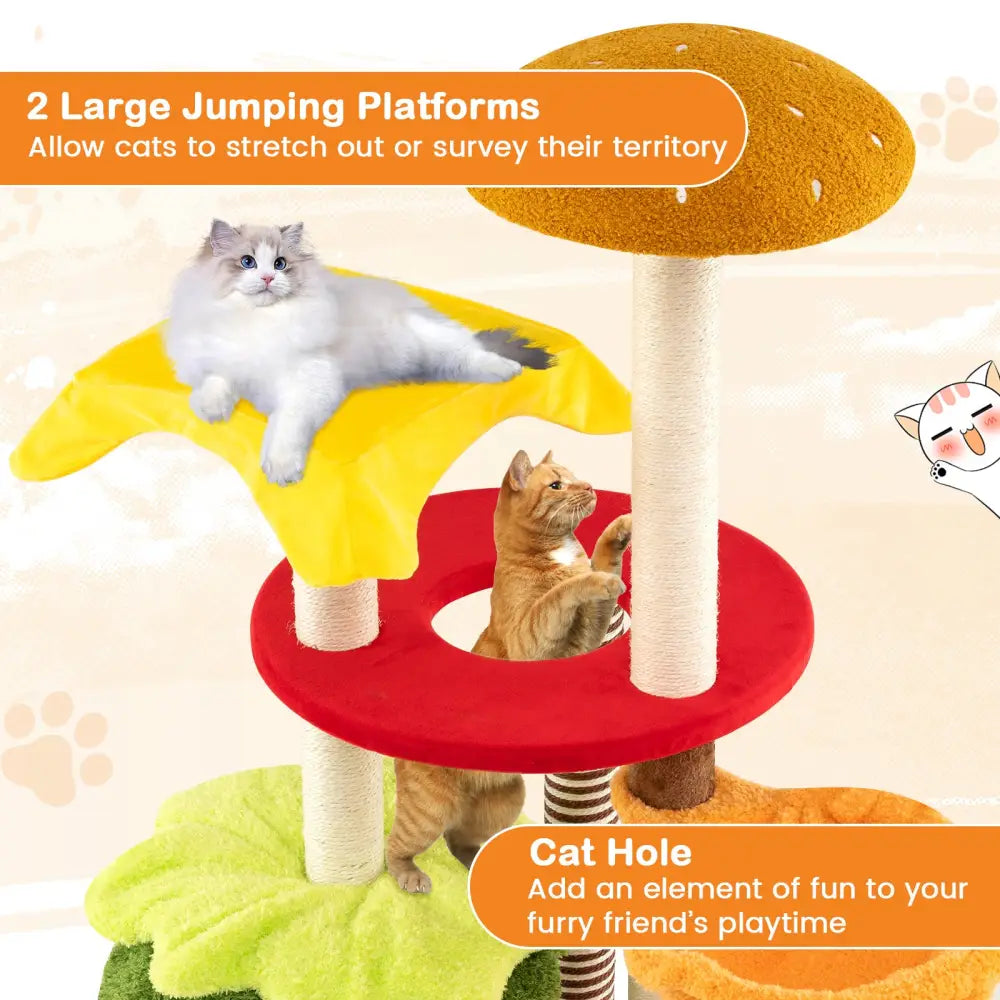 46 Inch Tall Cat Tree Multi-Level with Padded Perch and Hanging Basket Bed-Yellow - Yellow - Cat Trees Condos &