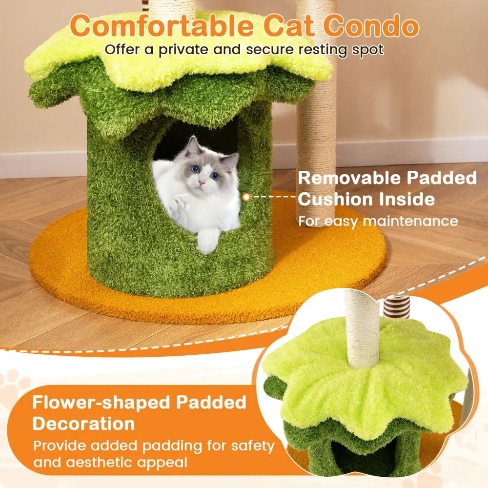 46 Inch Tall Cat Tree Multi-Level with Padded Perch and Hanging Basket Bed-Yellow - Yellow - Cat Trees Condos &