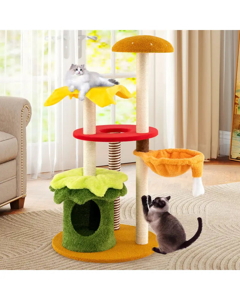 46 Inch Tall Cat Tree Multi-Level with Padded Perch and Hanging Basket Bed-Yellow - Yellow - Cat Trees Condos &