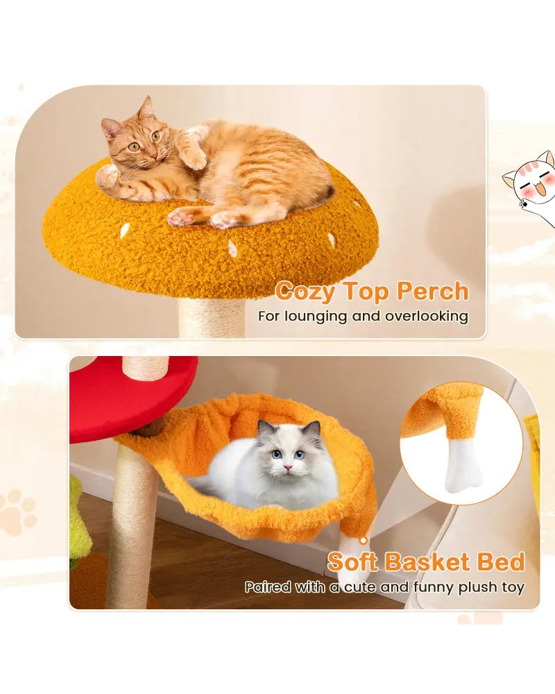 46 Inch Tall Cat Tree Multi-Level with Padded Perch and Hanging Basket Bed-Yellow - Yellow - Cat Trees Condos &