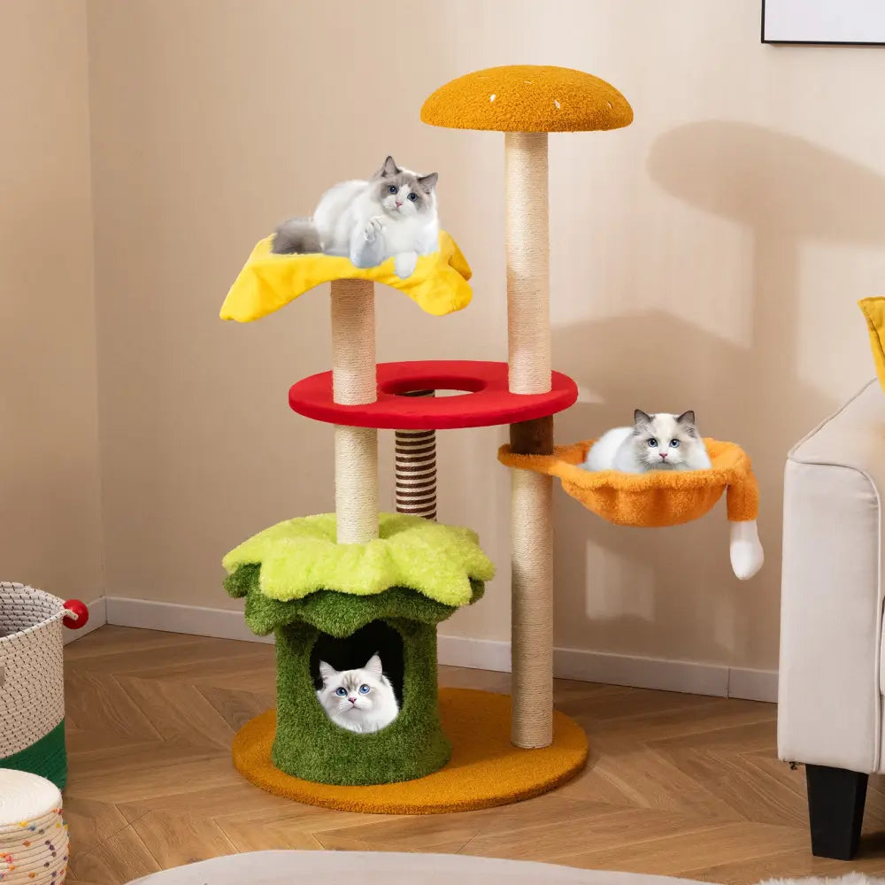 46 Inch Tall Cat Tree Multi-Level with Padded Perch and Hanging Basket Bed-Yellow - Yellow - Cat Trees Condos &