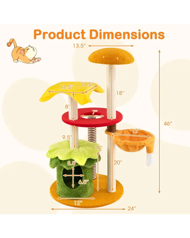 46 Inch Tall Cat Tree Multi-Level with Padded Perch and Hanging Basket Bed-Yellow - Yellow - Cat Trees Condos &