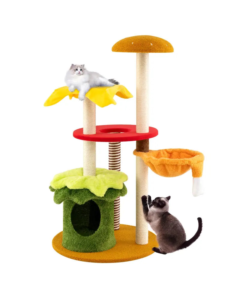 46 Inch Tall Cat Tree Multi-Level with Padded Perch and Hanging Basket Bed-Yellow - Yellow - Cat Trees Condos &