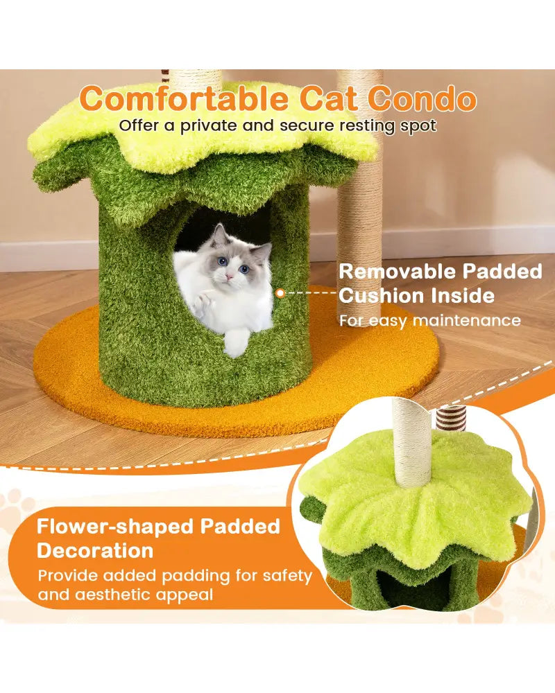 46 Inch Tall Cat Tree Multi-Level with Padded Perch and Hanging Basket Bed-Yellow - Yellow - Cat Trees Condos &