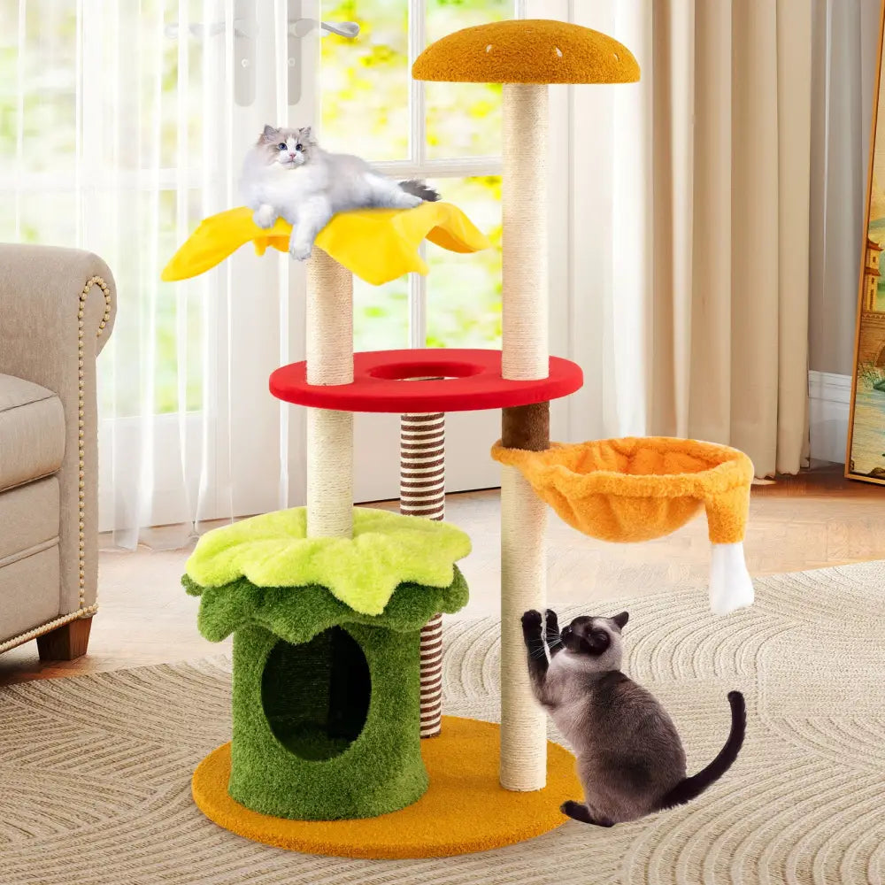 46 Inch Tall Cat Tree Multi-Level with Padded Perch and Hanging Basket Bed-Yellow - Yellow - Cat Trees Condos &