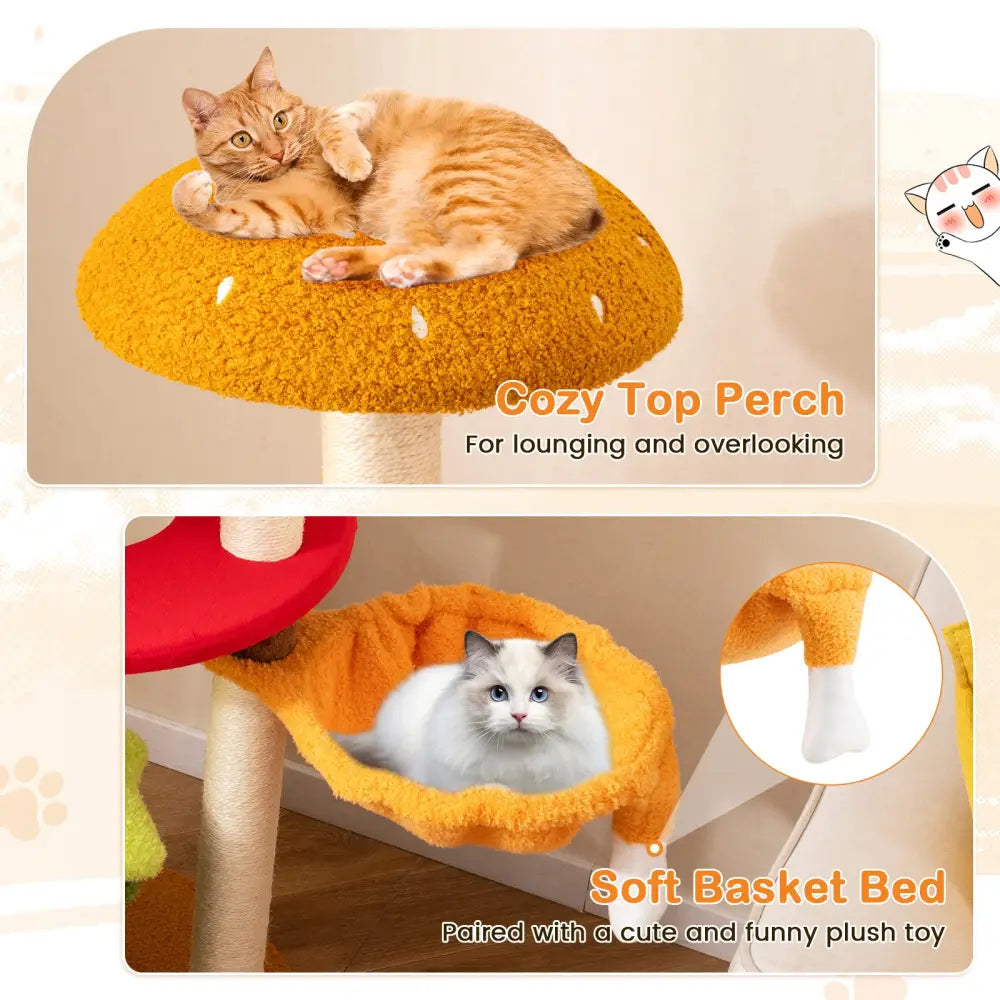 46 Inch Tall Cat Tree Multi-Level with Padded Perch and Hanging Basket Bed-Yellow - Yellow - Cat Trees Condos &