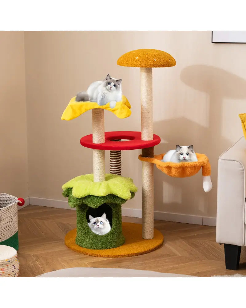 46 Inch Tall Cat Tree Multi-Level with Padded Perch and Hanging Basket Bed-Yellow - Yellow - Cat Trees Condos &