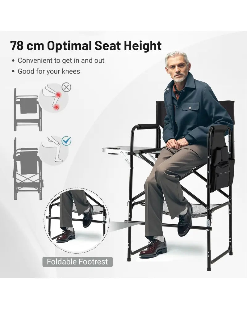 46 Inches Tall Directors Chair with Foldable Side Table and Footrest-Gray - Gray - Camping Furniture