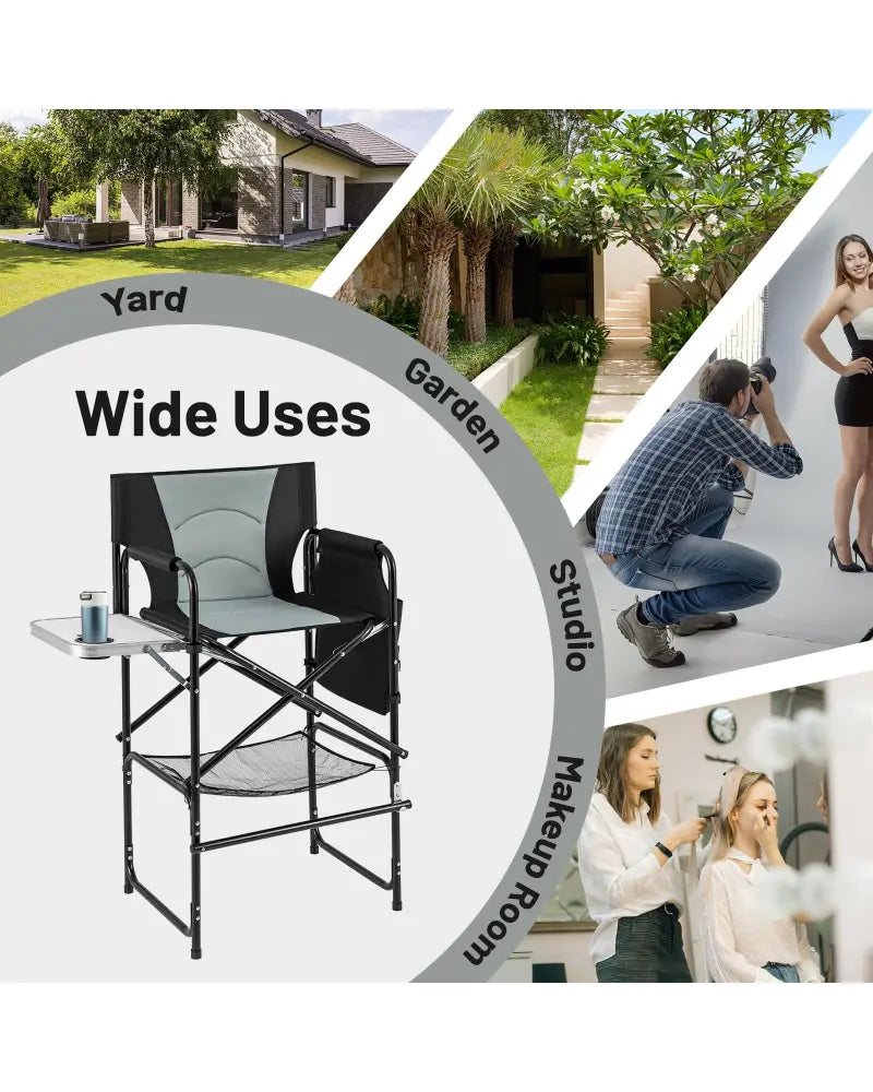 46 Inches Tall Directors Chair with Foldable Side Table and Footrest-Gray - Gray - Camping Furniture
