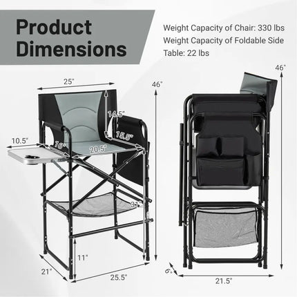 46 Inches Tall Directors Chair with Foldable Side Table and Footrest-Gray - Gray - Camping Furniture