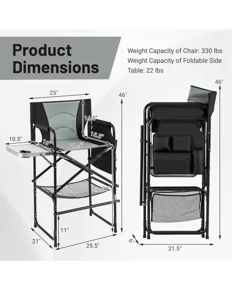 46 Inches Tall Directors Chair with Foldable Side Table and Footrest-Gray - Gray - Camping Furniture