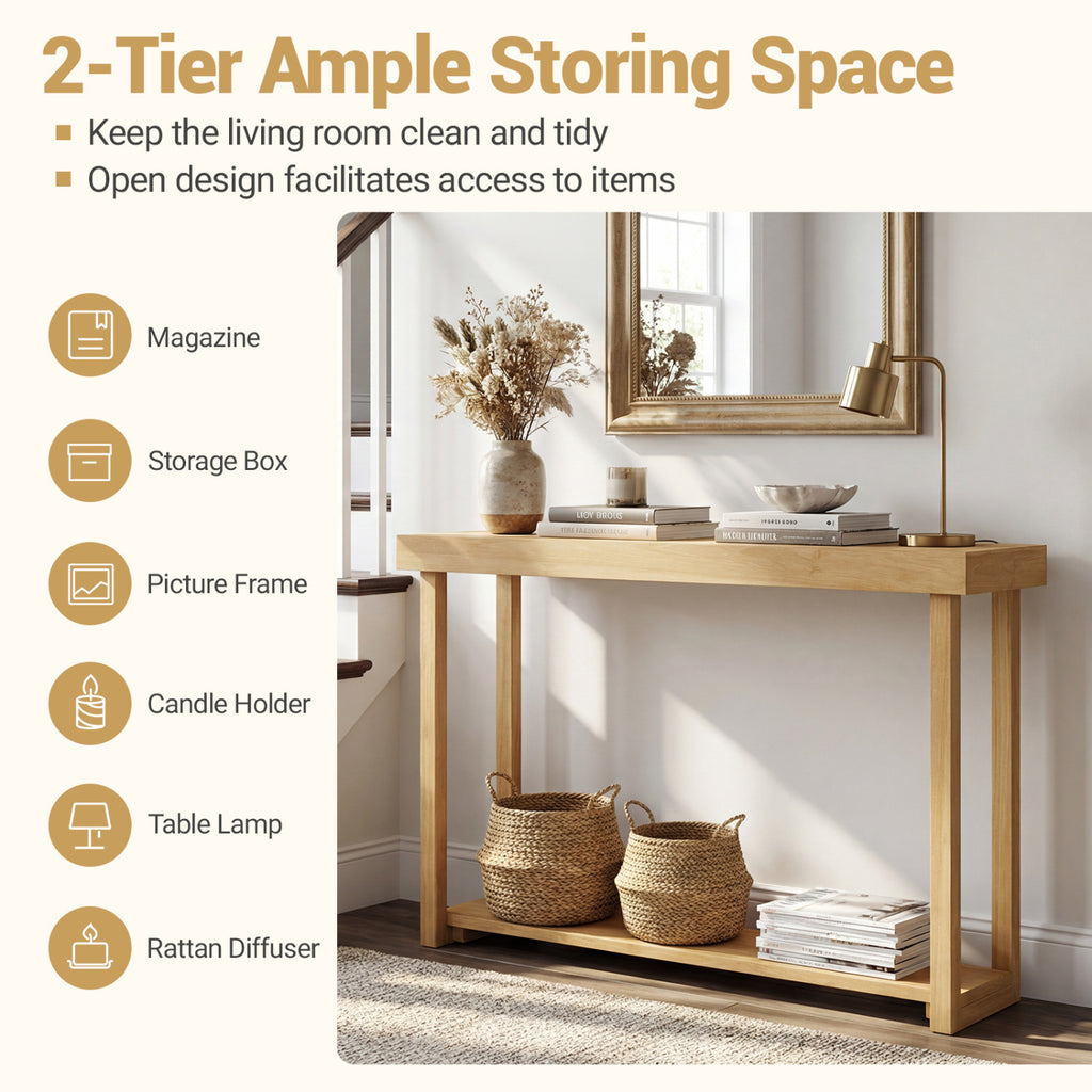 46 Inch Solid Wood Console Table 2-Tier Narrow Farmhouse Sofa Table