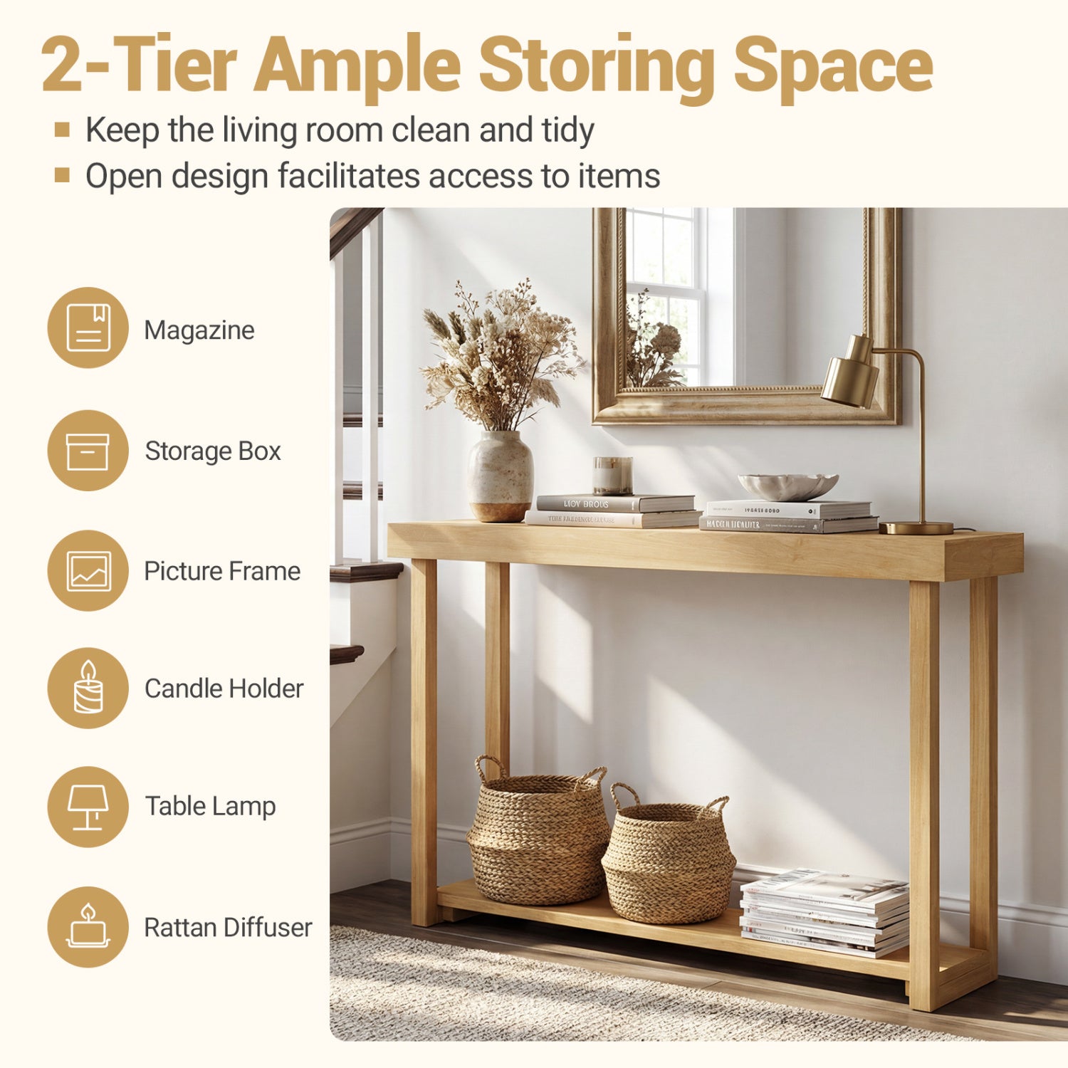 46 Inch Solid Wood Console Table 2-Tier Narrow Farmhouse Sofa Table