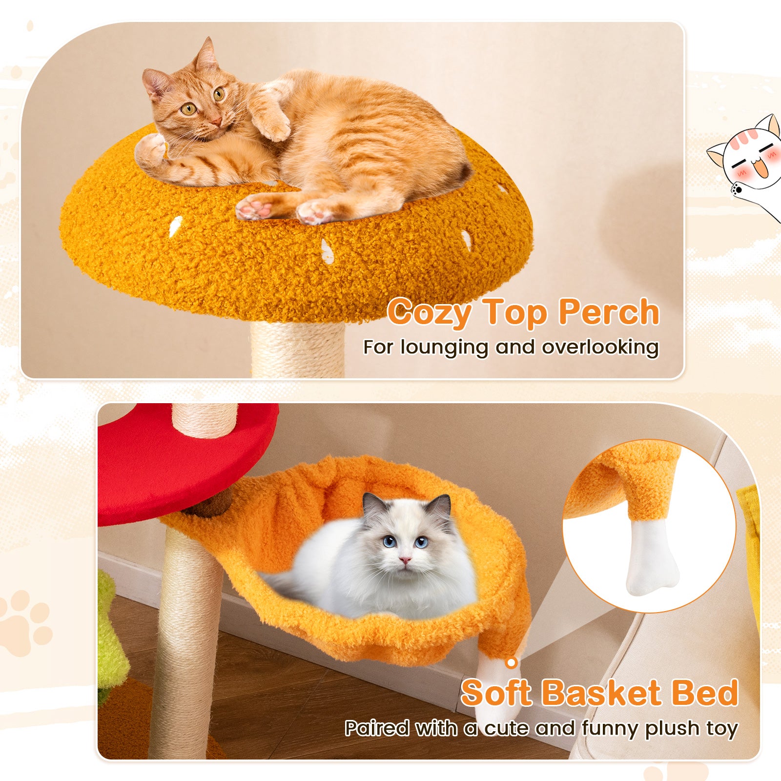 46 Inch Tall Cat Tree Multi-Level with Padded Perch and Hanging Basket Bed-Yellow