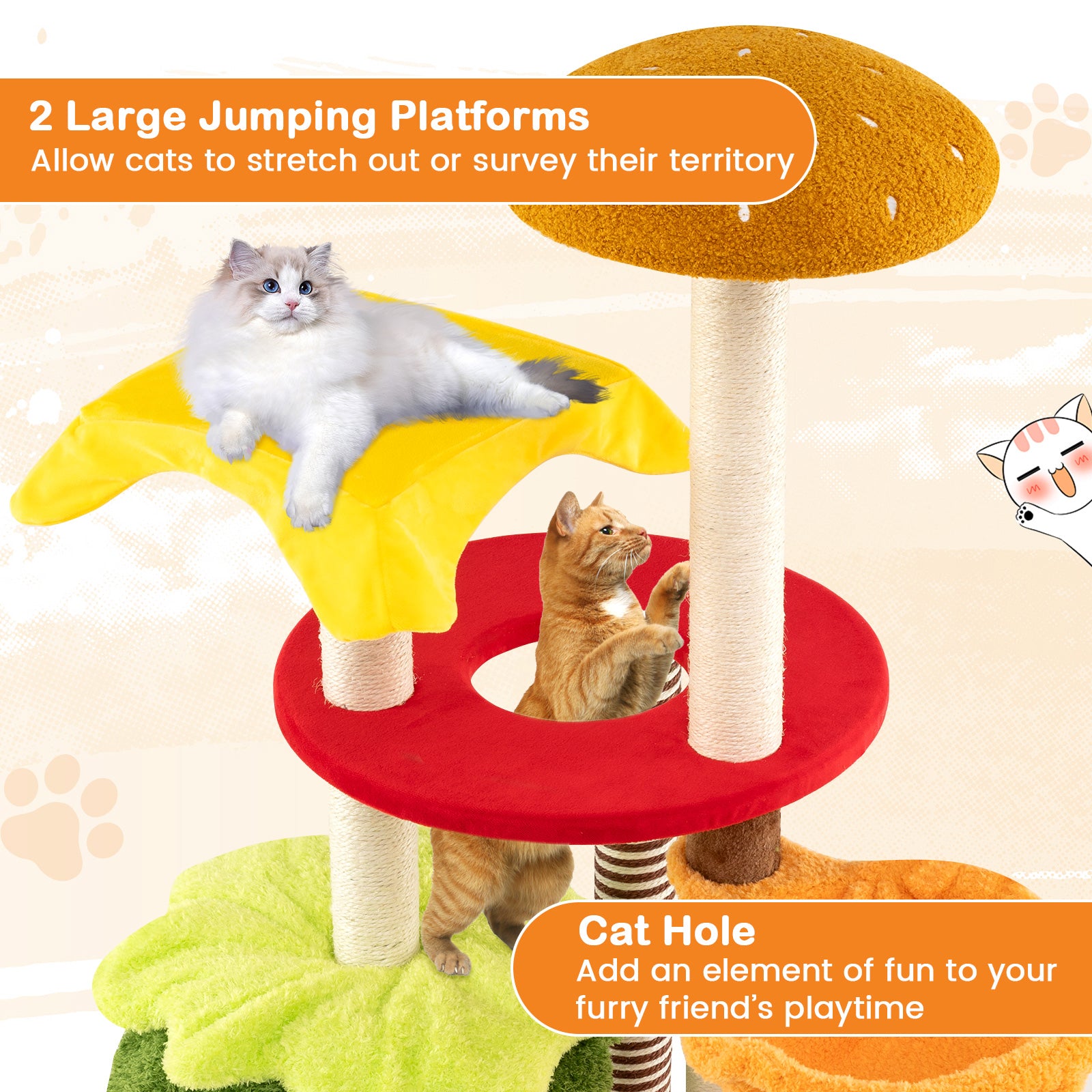 46 Inch Tall Cat Tree Multi-Level with Padded Perch and Hanging Basket Bed-Yellow