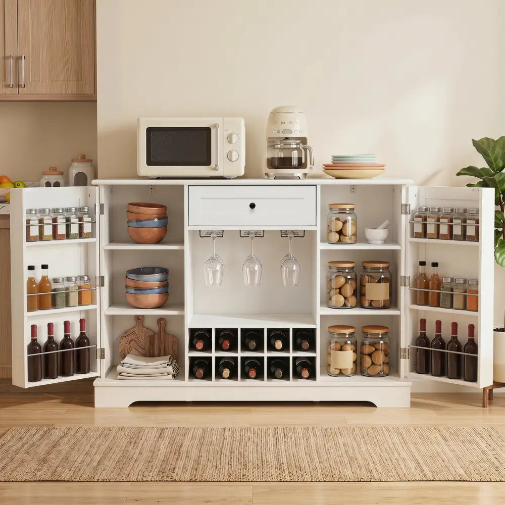 47.2 Inch Sideboard Cabinet with Door Shelves and 10-Bottle Wine Rack-White - White - Sideboards Cabinets & Buffets