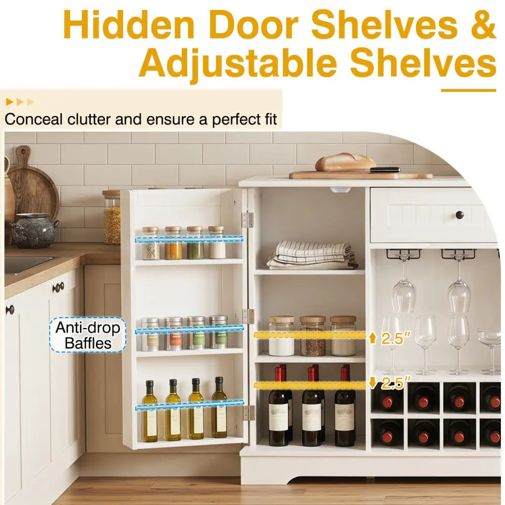 47.2 Inch Sideboard Cabinet with Door Shelves and 10-Bottle Wine Rack-White - White - Sideboards Cabinets & Buffets
