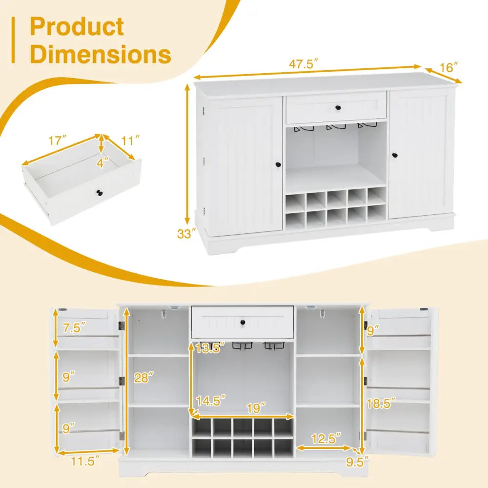 47.2 Inch Sideboard Cabinet with Door Shelves and 10-Bottle Wine Rack-White - White - Sideboards Cabinets & Buffets