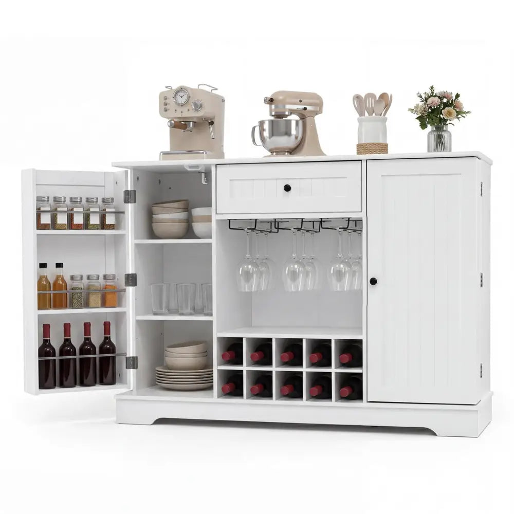 47.2 Inch Sideboard Cabinet with Door Shelves and 10-Bottle Wine Rack-White - White - Sideboards Cabinets & Buffets