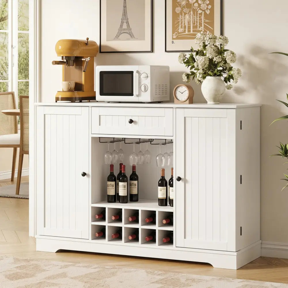 47.2 Inch Sideboard Cabinet with Door Shelves and 10-Bottle Wine Rack-White - White - Sideboards Cabinets & Buffets