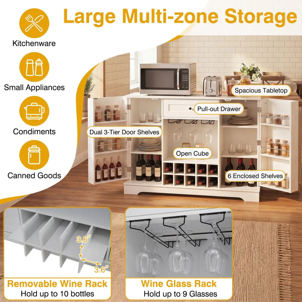 47.2 Inch Sideboard Cabinet with Door Shelves and 10-Bottle Wine Rack-White - White - Sideboards Cabinets & Buffets