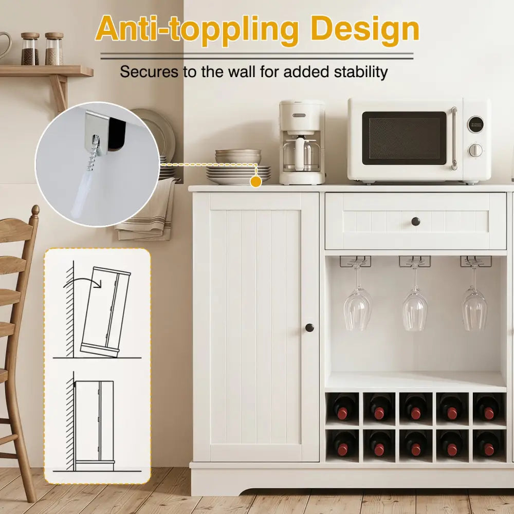 47.2 Inch Sideboard Cabinet with Door Shelves and 10-Bottle Wine Rack-White - White - Sideboards Cabinets & Buffets