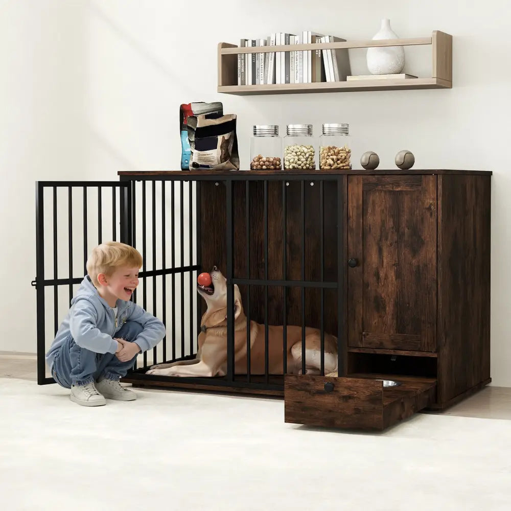 47.5 inch Dog Crate Furniture with Hidden Pull-out Bowls in Drawer for Small and Medium Dogs-Rustic Brown - Rustic