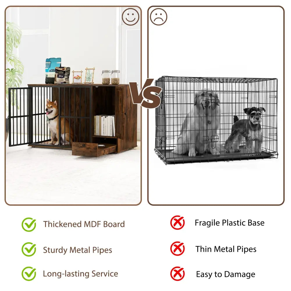 47.5 inch Dog Crate Furniture with Hidden Pull-out Bowls in Drawer for Small and Medium Dogs-Rustic Brown - Rustic