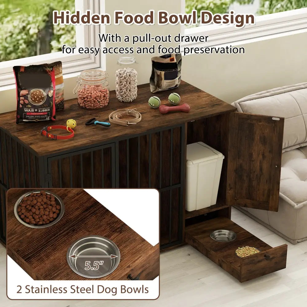 47.5 inch Dog Crate Furniture with Hidden Pull-out Bowls in Drawer for Small and Medium Dogs-Rustic Brown - Rustic