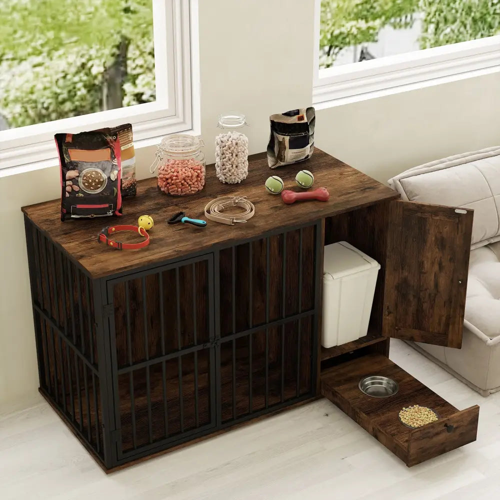 47.5 inch Dog Crate Furniture with Hidden Pull-out Bowls in Drawer for Small and Medium Dogs-Rustic Brown - Rustic