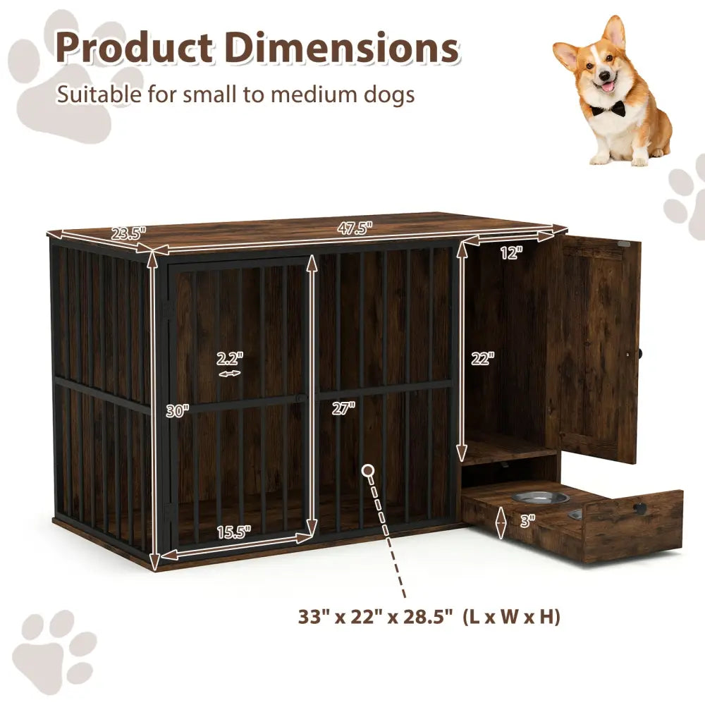 47.5 inch Dog Crate Furniture with Hidden Pull-out Bowls in Drawer for Small and Medium Dogs-Rustic Brown - Rustic